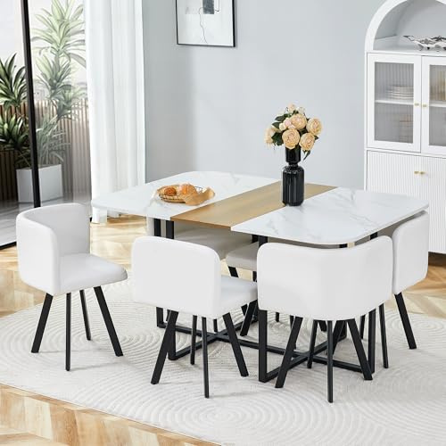 JUFU Esstisch mit 6 Stühlen, Essgruppe Set für 6 Personen, Küchentisch mit stühlen 6er Set Weiß Kunstleder modern für Esszimmer & Restaurant, Metallgestell, Marmoroptik-Weiß