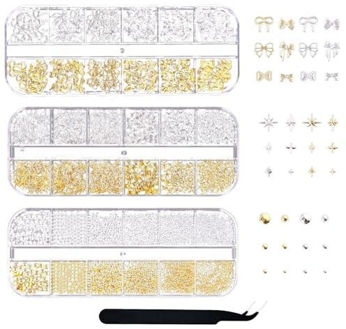 3D Nail Charms, 3 Boxes Gold Silver Nail Stuff Nail- Gems Rhinestones Charms with Tweezers, 3D Bows Stars Pearls Metal Nail- Charms for Women Girls Nail-- Art DIY Accessories
