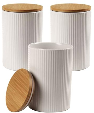 MA MAISON Set 3 Barattoli di Ceramica - Tappo in Legno, Ermetico, Rilievo, Decorati, Bianco, Nero, Marmo, Minimalista, Cucina, Contenitori Spezie, Sale, Zucchero, Caffè (Bianco, 10 x 15 cm)