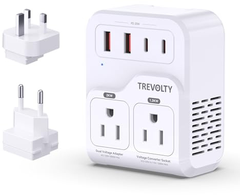 2000W US to Europe Voltage Converter for Hair Dryers, 7 in 1 Converter 220V to 110V for European Travel with 3 AC/2 USBA/2 USBC Ports (PD20W) (White)