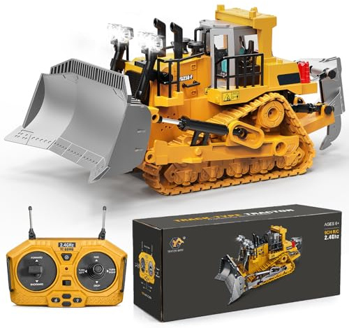 YESHIN Remote Control Bulldozer, 1:20 Metal 9 Channel RC Excavator with 2.4GHz Remote Control, Lights & Sound, Upgraded Tracked Vehicle, Construction Vehicle Toy Gift for Children Ages 6+