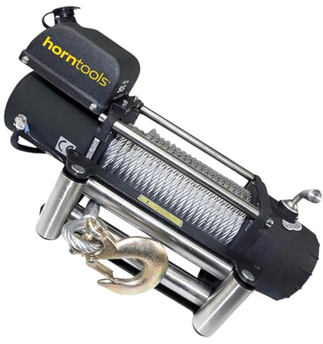 Horntools Seilwinde Alpha, 4,3 Tonnen, Querstreben aus Edelstahl, Seilwinde für Auto, Offroad, Selbstbergung, Anhängerwinde, Bootswinde, Jagdwinde (Stahlseil, 12 Volt)