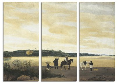 Meisterwerke der Malerei Frans_Post_002_3x90x40cm_Tryptichon Mehrteiler Wandbild Kunstdruck auf Leinwand vom Originalgemälde Alte Meister - 14. bis 18. Jahrhundert Meisterwerke der Zeitgeschichte