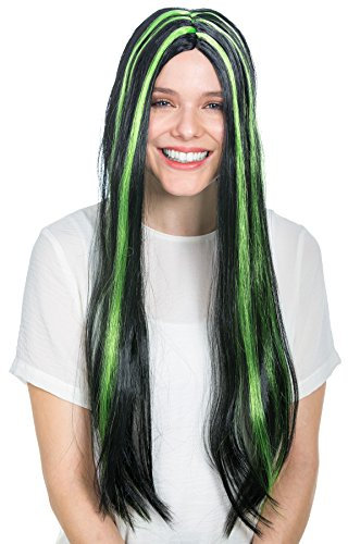 dressforfun Perücke Langhaar mit Strähnen | 65 cm | Halloween Fasching Hexe Vampir Gothic | -Diverse Farben- (Schwarz/Grün | Nr. 300733)