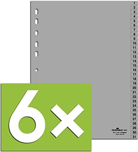 6er Pack Durable Hunke & Jochheim Register 1-31, (PP, DIN A4, 215/230 x 297 mm) 31 Blatt grau (6, Register 1-31)