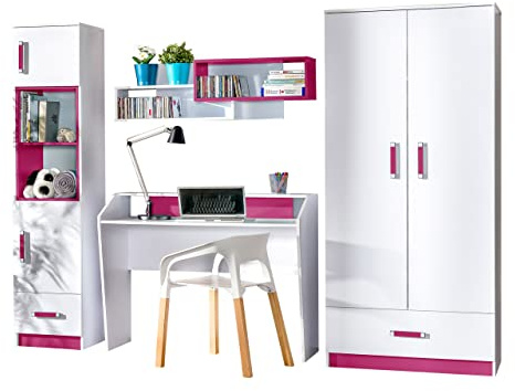 Mirjan24 Jugendzimmer Set Trafiko I, 4-TLG. komplett, Farbauswahl, Kleiderschrank, Regal, Schreibtisch, Wandregal (Weiß/Weiß + Rosa)