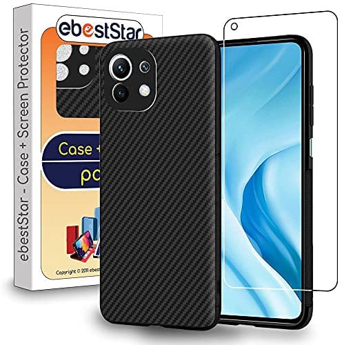 ebestStar - Coque pour Xiaomi Mi 11 Lite, Mi 11 Lite 5G, NE, Etui Protection Motif Carbone, Antichoc Souple TPU, Noir + Verre Trempé