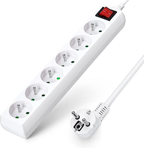 Aigostar Multiprises 6 Prises avec Interrupteur, 2P+T, Extension d'alimentation de 5 Mètre, Sécurité Enfant, Française, Blanc, 16A 250V