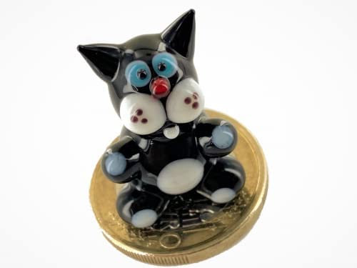 basticks Katze Schwarz mit blauen Knopfaugen - Miniatur Figur aus Glas - Deko Setzkasten Vitrine Glücksbringer