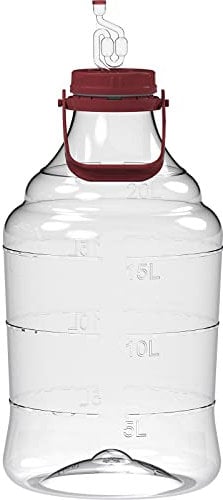 Browin 644320 Garrafa de plástico irrompible para vino y cerveza con tapón de rosca 20 L, tubo de fermentación y asa de transporte, boca ancha, tapón de rosca, tubo de fermentación, escala de medición