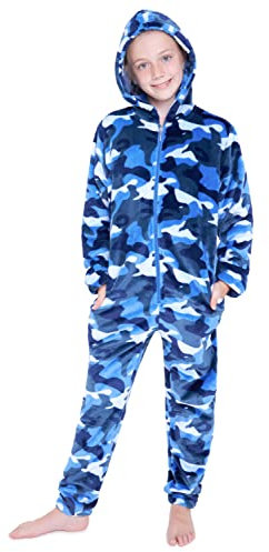 CityComfort Pigiama Intero Bambino Pigiamone di Pile con Cappuccio 7-14 Anni Pigiami Interi Bambini e Ragazzo Onesie Mimetico Gamer (9-10 Anni, Blu Camo)