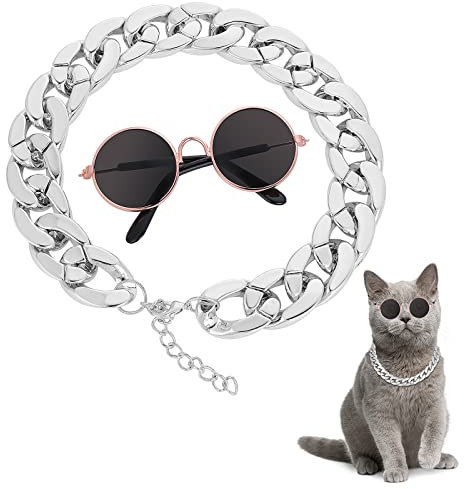 Molain Katze Sonnenbrille Goldkette Kostümdekorationen, UV-Schutz für Katzen Klassischer Retro Welpe Retro Schwarze Sonnenbrille Faux Silber verstellbare Kette Cosplay Kostüm
