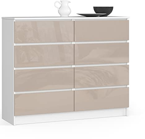 ADGO K120 8SZ CLP Kommode mit 8 Schubladen 120x99x40cm, Klassischer Schrank mit Regalen für Schlafzimmer, Flur, Wohnzimmer, Tief Freistehend Platzsparend (Versand in 2 Packs) (Cappuccino-Glanz)