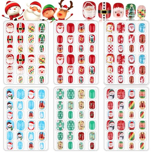 EBANKU 6 pièces Noël Enfants Faux Ongles, Autocollants Adhésifs Couverture ère Noël Bonhomme De Neige Arbre De Complète Ongles Mignons pour Filles DIY Nail Art Décoration -B