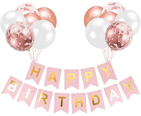 Luftballons Geburtstag Dekoration Set, Roségold Geburtstagsdeko Happy Birthday deko Banner Party Deko Geburtstag Set mit Roségold Luftballons Konfetti Ballons