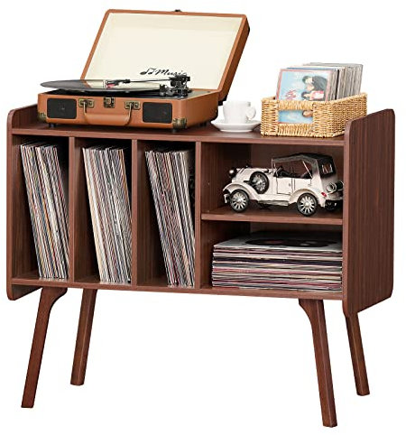 Lerliuo Record Player Stand with 4 Cabinet Holds Up to 220 Albums, Large Turntable Stand with Beech Wood Legs, Mid-Century Record Player Table,Walnut Vinyl Holder Storage Shelf for Bedroom Living Room