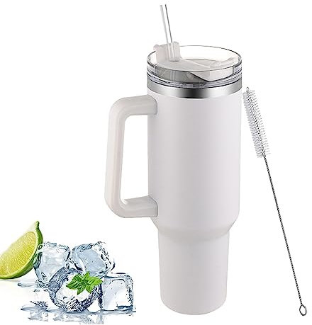 40 oz Tazza isolata con paglia e coperchio della maniglia, Tazza riutilizzabile dell'automobile dell'acciaio inossidabile Tumbler portatile per auto a doppia parete per Bevande fredde e calde (Bianco)