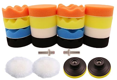 Ruiqas 22 almohadillas de pulido para taladro, 3 almohadillas de pulido de esponja, incluye adaptador de taladro M10 para pulidora automática, lijado y encerado