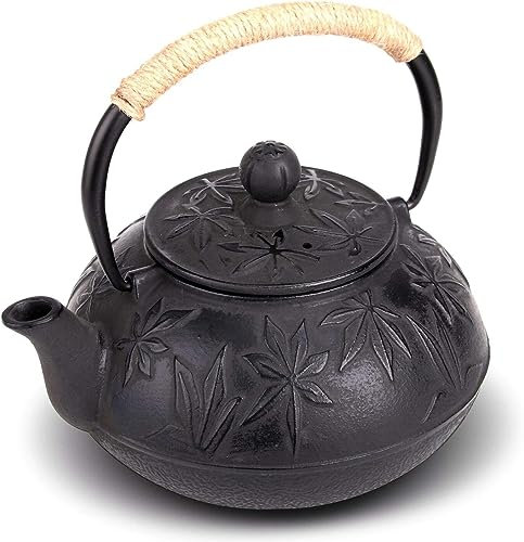 Webao Teekanne Gusseisen, 800ml Asiatische Teekanne Teekessel mit Edelstahl Sieb, Schwarz Ahornblätter