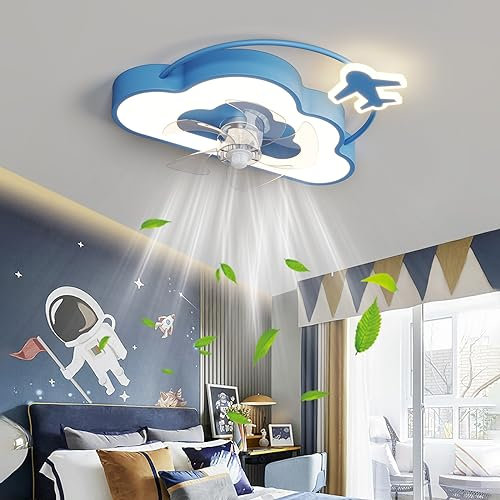 ycwdcz Infantil Diseño Ventilador De Techo Con Luz Y Mando A Distancia LED Regulable Ventilador Techo Silencioso Motor 6 Velocidades CC Para Dormitorio Salon Lampara Ventilador Techo-Blue