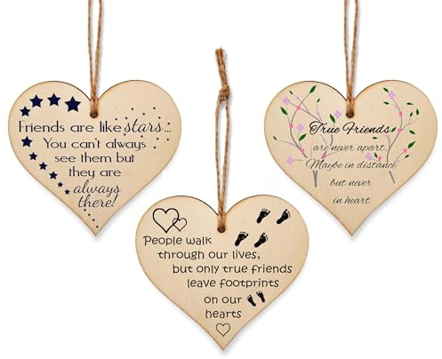 Pack of 3 Sentimental Friendship Gift Plaques – x3 Set of Wooden Heart Hanging Signs with Uplifting Message – Best Friend, Colleague or BFF Present – Rustic Twine, Ready to Post