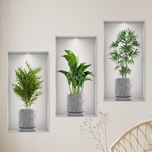 3 Pezzi 3D Vaso Adesivo da Parete Pianta Verde Adesivi Parete Cucina Adesivi Decorativi Adatto per Decorare Camere da Letto Soggiorni Alberghi e per Ricoprire Pareti Danneggiate