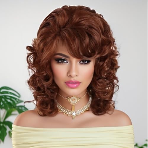 GNIMEGIL Shoulder Length Wigs for Women Auburn Curly Wig with Bangs Loose | Wigs Big Bouncy Fluffy Synthetic Hair for Cosplay Carnival Party Costume Daily Wear Wavy Hair