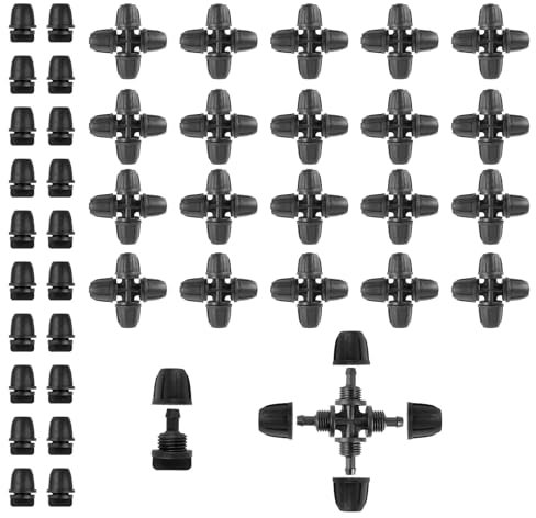 CINEMON 40 Piezas Micro Drip Riego Kit para Tubo de 1/4 Pulgadas Herramientas de Jardín Aspersor Conector de Tubo de Riego, 20 Unidades Tapón de Bloqueo con púa + 20 Unidades Conectores de 4 Vías