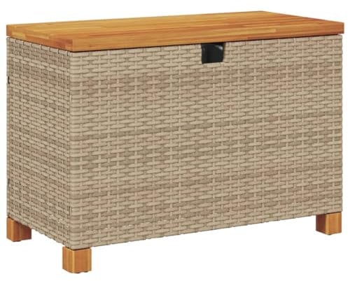 vidaXL Gartentruhe, Kissenbox für Garten Terrasse, Sitzbank mit Stauraum, Auflagenbox Aufbewahrungsbox Sitztruhe, Beige Poly Rattan Akazienholz