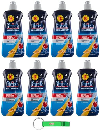 8 X Finish Brillasciuga, detersivo per lavastoviglie, previene la formazione di macchie d'acqua e striature, profumo di limone, asciugatura efficace, 100 lavaggi, 500 ml + portachiavi Beni Culinari