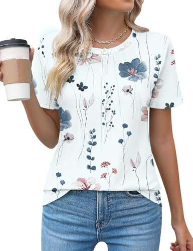 Rapbin Womens Casual Crew Neck Short Sleeve Pleated Tops Blouses Fashion Clothes 2024,White Floral,L