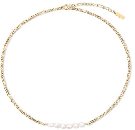 GAVU Collier Acier Inoxydable Plaqué Or pour Femmes, Collier Maille Cubaine, Collier Perles d'eau Douce pour Elle