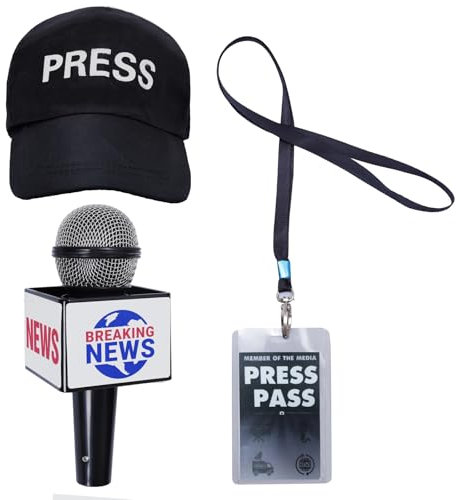 Heliltd 3Pcs Journalist Costume Accessories for Adult News Reporter Costume News Microphone Prop Paparazzi Costume for Halloween Cosplay Party