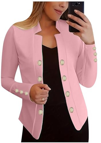 EFOFEI Femme Simple Elégant Outwear Revers Casual Blazer Eté Manteau De Lin Rose Clair M