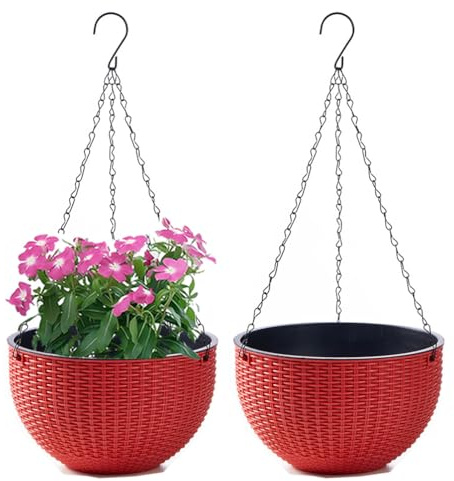 WOWEI Lot de 2 Pots de Fleurs Suspendus avec Nchaînes en Acier Inoxydable Pot Suspendu Plante avec Réservoir d'eau et Trou de Drainage Intérieur Exterieur Balcon et Jardiniere Suspendue (Rouge, L)