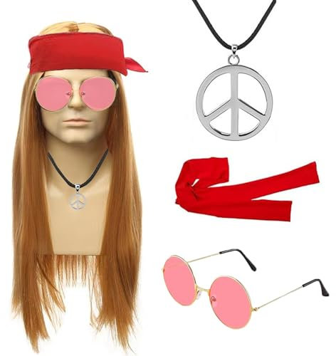 KEELYY Karneval Hippie Accessoires, 4Pcs Hippie Kostüm Set, Perücke, Sonnenbrille, Peace Halskette Anhänger, Bandanas, 70er 80er Punker Kostüm Zubehör für Cosplay Karneval Fasching Halloween