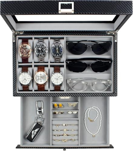 KILHS Uhrenbox für 6 Uhren und 3 Sonnenbrillen, Watch Box mit Glasdeckel, Schmuckaufbewahrung Herrn, doppelter Platz für Ringe, Ohrringe usw., mit Schlüsselschloss, Geschenk, KS-A39BG