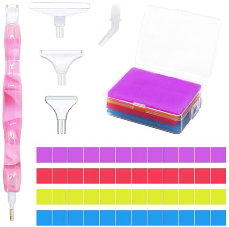 Diamond Painting Pens Accessories, Diamond Painting Glue with Storage Box, 5D Diamond Art Tools Kits with 6 Pcs Multi Size Pen Heads for DIY Crafts Painting Nail Art Cross-Stitch (Pink)
