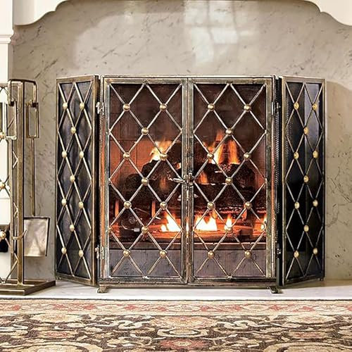 Jievmrs Fire Guard 3 Panel Foldable Fireplace Proof Mesh with Double Door, Living Room Wood Stove Proof Screen Safety Gate, Metal Firewood Spark Protector Cover