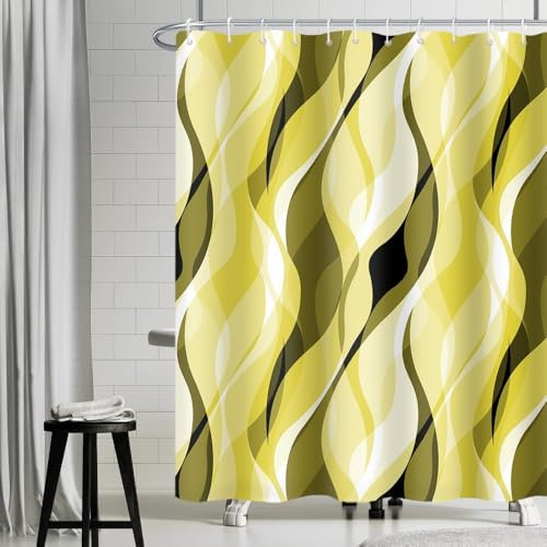 Rideau Douche Anti Moisissure, Uiiooazy Rideau de Douche Jaune Abstrait Rayures Vert Kaki Rayé Rideaux de Baignoire Tissu Imperméable Lavable Polyester Rideaux Salle de Bain avec 12 Crochets 180x180cm