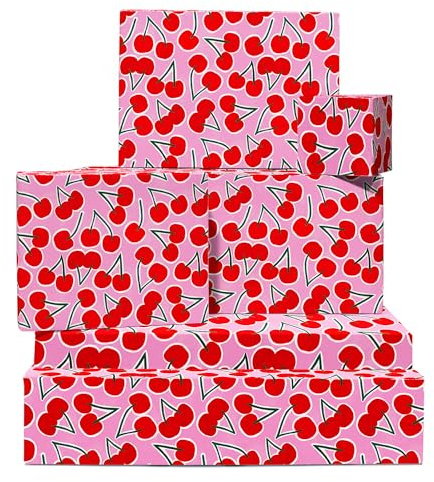 Kirsch-Geschenkpapier – 6 Blatt rosa Geschenkpapier für Sie – rote Kirschen – für Geburtstag, Valentinstag, Brautparty – recycelbar – von Central 23