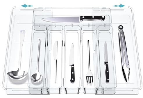 Expandable Cutlery Drawer Organiser - Clear Acrylic Adjustable Tray for Spoons, Forks & Knives, Kitchen Utensil Storage Divider for Neat & Tidy Drawers (Large Size)