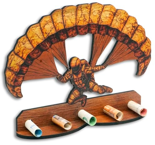 DRO Design Geldgeschenke, Geschenkverpackung Holz-Optik Fallschirm Motiv – Bargeldgeschenk, Geldpräsent, Kreatives Geldgeschenk, Geburtstag, Hochzeit, Weihnachten