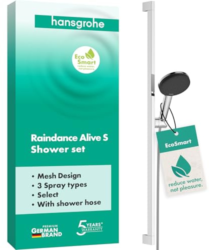 hansgrohe Raindance Alive Select S - Duschset mit Duschkopf wassersparend (EcoSmart, 3 Strahlarten inkl. PowderRain), Duschschlauch (1,60 m) und Duschstange (0,90 m), Chrom, 24601000