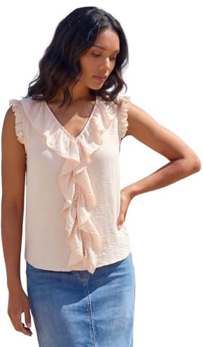 Roman Women Frill Front Vest Top Ladies Ruffle Blouse Summer Spring Special Occasion Evening Holiday Cruise Cocktail Party Short Long Sleeve Sleeveless V-Neck - Baby Pink - Size 16