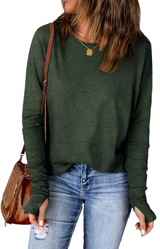 WIHOLL Long Sleeve Tops Women Basic Boat Neck Ladies Tops Thumb Hole Tunic T Shirt Women Size 14-16 Green
