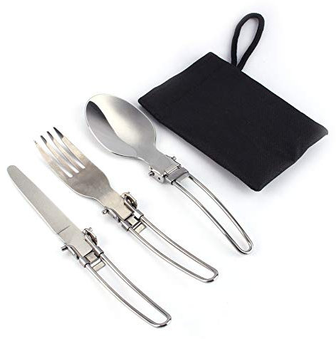OPPWONG Backpacking Utensils, 3 Pcs Stainless Steel Folding Cooking Cutlery Set Camping Utensil Set Camping Fork Spoon Knife Set Outdoor Cookware Kit with Compact Carry Case for Travel