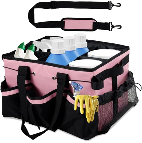 KTCINA Large Cleaning Caddy Bag, Cleaner Caddy Organizer with Handle & Adjustable Shoulder Strap & Clips, 15 Pockets Cleaning Tote Bag Supplies Organizer for Housekeepers and Cleaners(Pink)