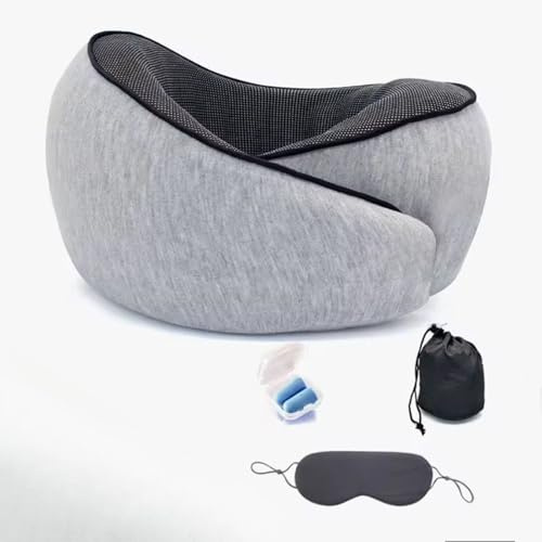 Travel Pillow – Ergonomic Memory Foam Neck Pillow for Travel, Compact & Adjustable Flight Pillow with Eye Mask, Ear Plugs, and Storage Bag (Light Gray)