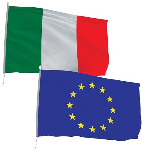 Set 2 bandiere Italia e Europa 100x150 cm in poliestere Nautico 115 gr/mq con doppia piega perimetrale, corda e guaina Adatta sia IN/OUT DOOR